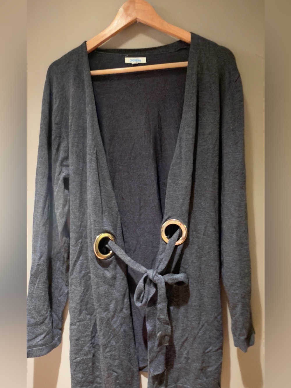 Cocobleu Dark Gray Open-Front Cardigan with Gold Grommet Tie Large